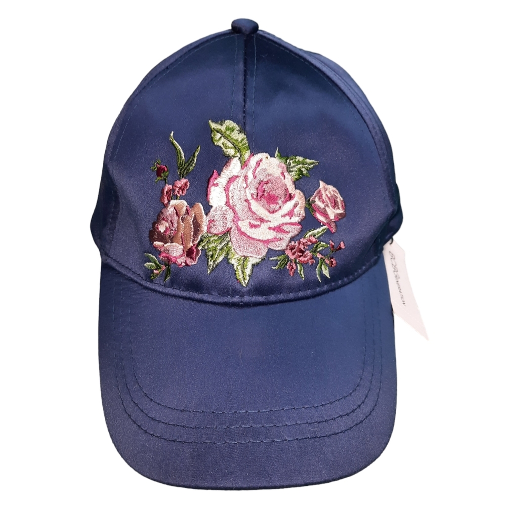 BCBG Generation Blue Satin Pink Roses Baseball Cap